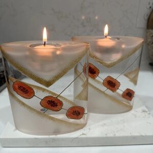 Mid Century Modern Womar Hand- Painted Glass Tea Light Holders 4.5” X 5” Poland